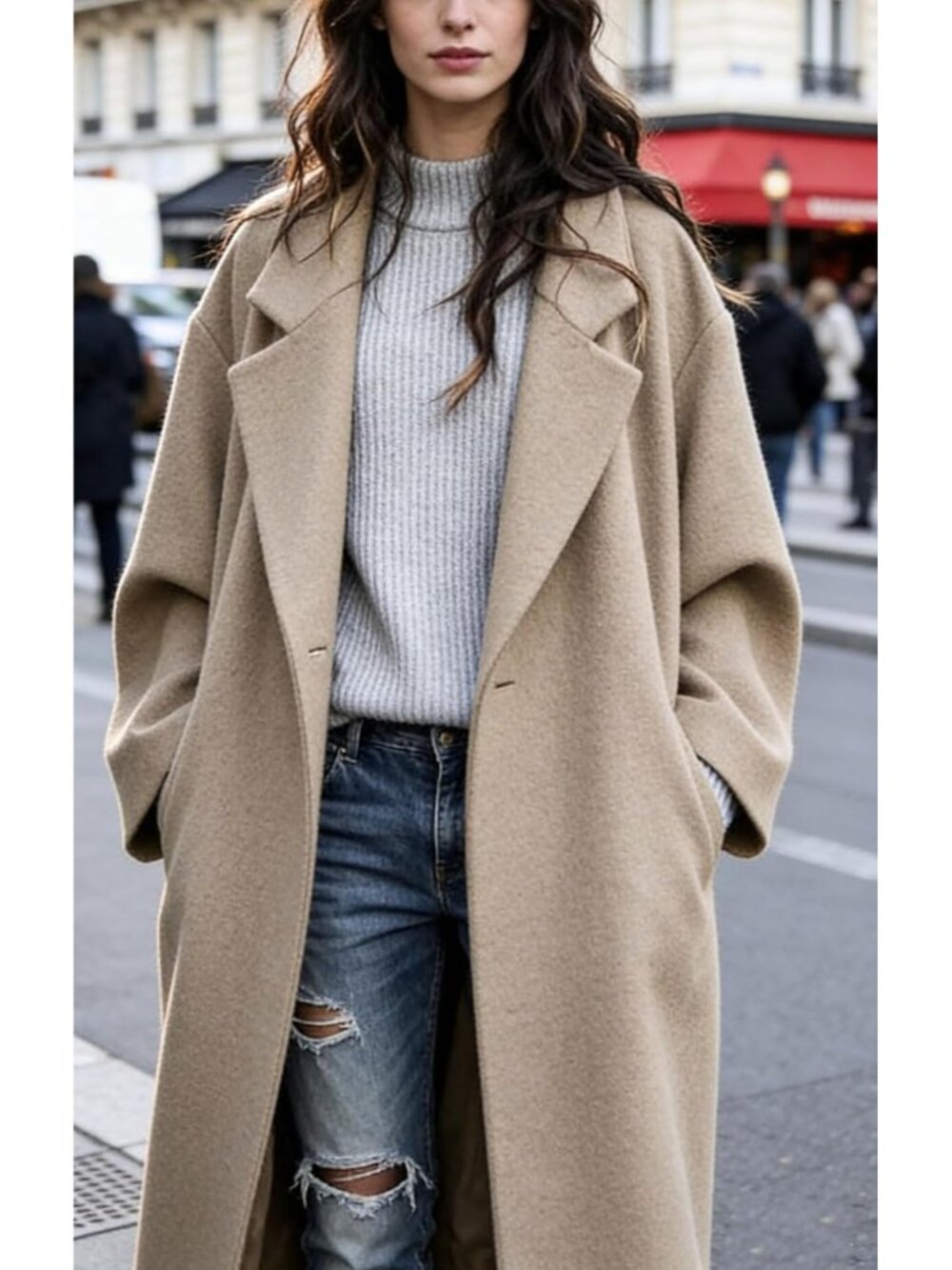 Women's Khaki Notched Collar Wool Blend Single Breast Midi Long Trench Coat - Picture 3 of 6
